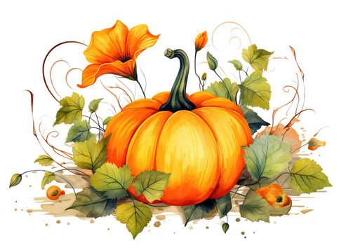 Watercolor Illustration of Fall Pumpkin Flowers and Autumn Leaves Isolated on a Transparent Background, PNG