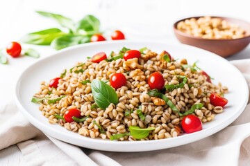 farro salad with cherry tomatoes on a white cloth