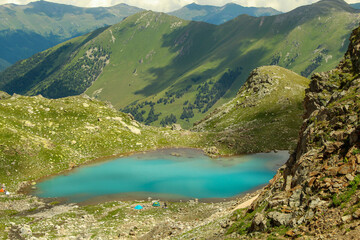 Fototapeta na wymiar Panoramic aerial view of Small Sophia lakes, Arkhyz, Caucasus, Russia.