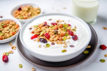 yogurt mix with muesli scattered on a flat white dish