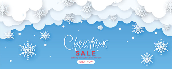 Christmas sale banner with 3d cloud and snowflake illustration in paper style design - obrazy, fototapety, plakaty