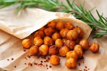 roasted chickpeas on parchment paper, close-up