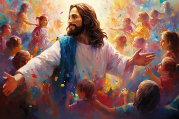 Jesus among the children, colorful artwork.