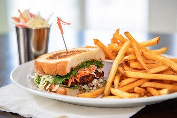 sandwich with coleslaw and fries on a white tablecloth