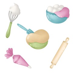 set of products ,set of kitchen icons , cooking clipart, digital watercolor, isolation on white, pastel colours 
