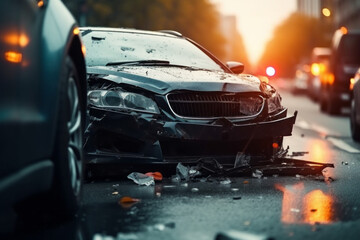 Broken car in an accident. Crash on the road. Background with selective focus and copy space - obrazy, fototapety, plakaty