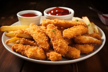 Delicious Crispy Chicken Strips. Traditional American cuisine. Popular authentic dishes. Background with selective focus