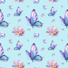 Seamless pattern of purple butterflies and flowers. Watercolor illustration. Collage, background.