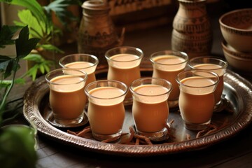 lassi in clay pots arranged on a copper tray