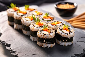 stacked sushi rolls with sesame seeds on a stone platter