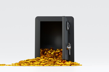 Opening steel safe box with gold coin falling out, security bank safe, 3D rendering. - 667001782
