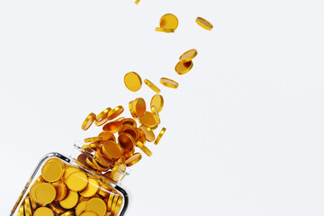 Gold coin falling in glass jar, until full, savings growth money concept, bank deposit, 3D rendering.