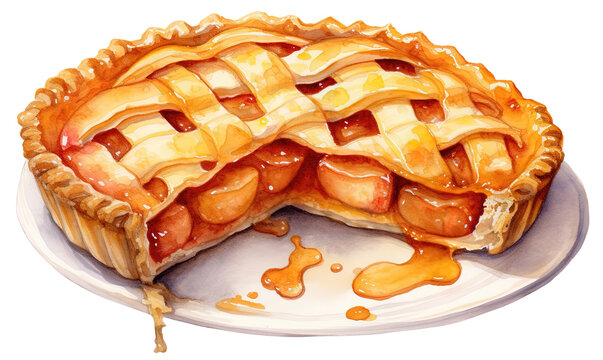 Homemade Slice of apple pie. Hand drawn Watercolor Illustration isolated on a white or transparent background, PNG