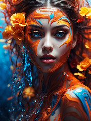 Artful and colorful portrait of a beautiful woman: Paint, flowers and water