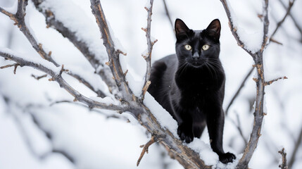 Naklejka na ściany i meble A sleek black cat tiptoeing on a snowy tree branch