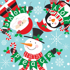 christmas background with snowman, santa and penguin, peace, love, joy
