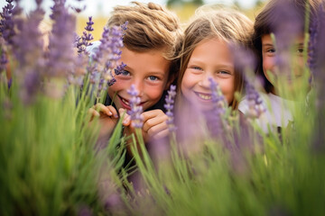 A group of children playing hide and seek in a lavender field - obrazy, fototapety, plakaty