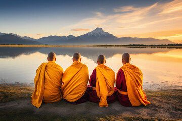 A group of monks in meditation near a serene lakeside - obrazy, fototapety, plakaty