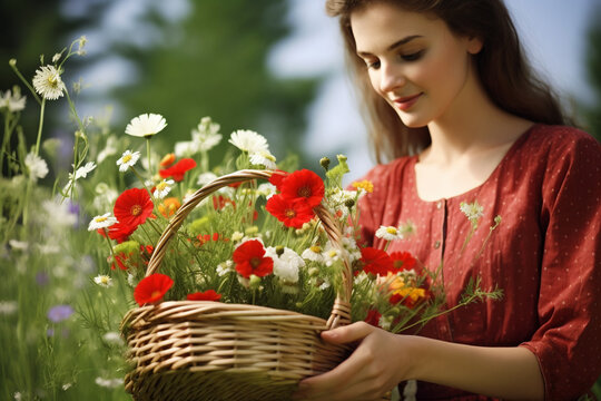 A young woman with a basket full of fresh flowers in a meadow