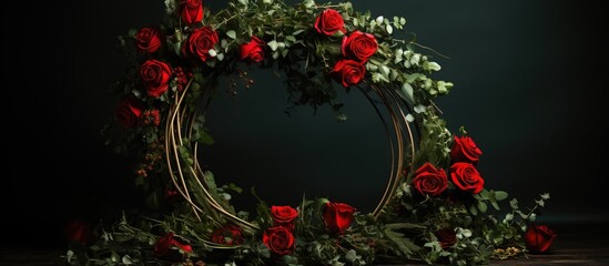 Dark red roses on green wreaths