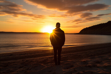 A man silhouetted against the backdrop of a setting sun on a quiet beach