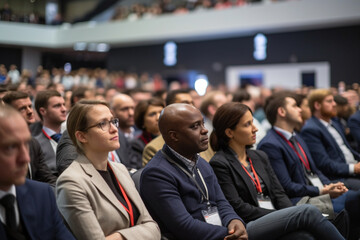 A business conference hall filled with a mix of young and experienced professionals, conference, business meeting