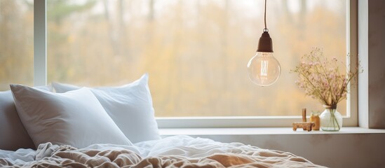 Vintage lamp hanging by window in sunny modern bedroom with bed cover underneath