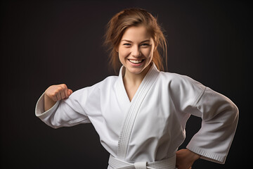 Photo of woman in judo wear in studio shot