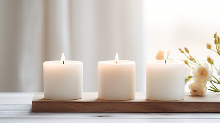 Fototapeta na wymiar Scented candles burning on a white wooden table