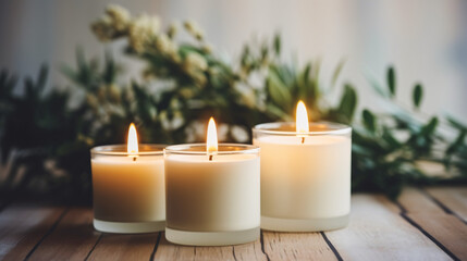 Fototapeta na wymiar Scented candles burning on a white wooden table