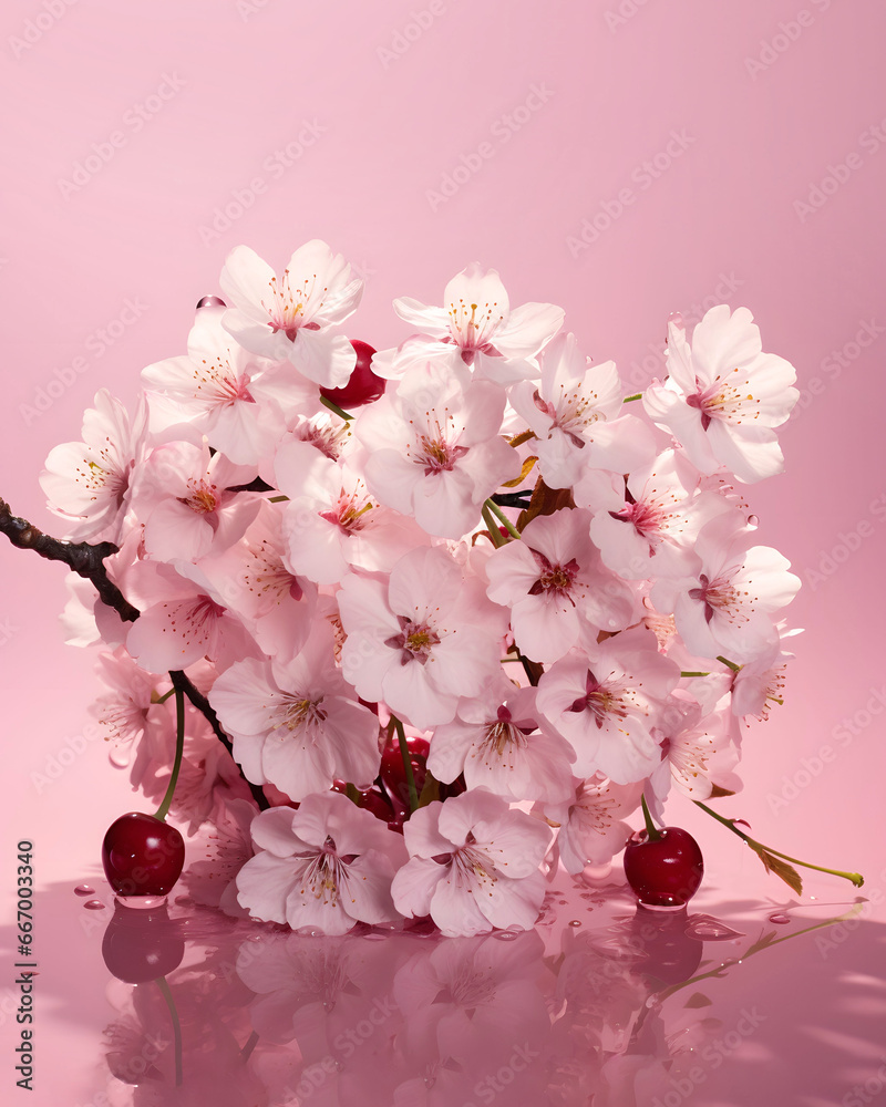 Wall mural .Branch with lush cherry blossom, pastel pink natural fruit composition.