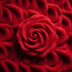 Rich red floral knitted pattern, beautiful rose in center.