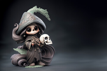 A cute Wizard girl with skull face makeup in colorful traditional dress with scary halloween pumpkins on 
dark background