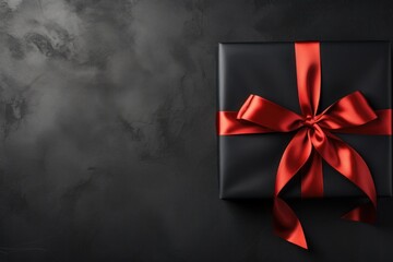 Black Friday Gift wrapped in black paper with red bow on dark background. Generative AI.