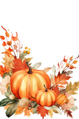 Naklejka premium Pumpkins and Autumn Leaves Frame with Copy Space for Text, Watercolor Illustration Isolated on a White or Transparent Background, PNG
