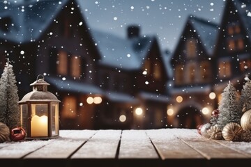 Wooden table, empty space with illuminated Christmas town square in vintage style. Generative AI. - 667003745