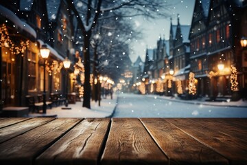 Obraz premium Wooden table, empty space with illuminated Christmas town square in vintage style. Generative AI.