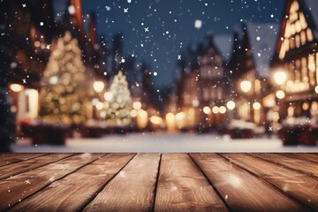 Wooden table, empty space with illuminated Christmas town square in vintage style. Generative AI. - obrazy, fototapety, plakaty