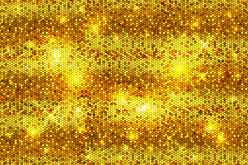 Vector background of sequined golden seamless texture. Backdrop with gold and shiny paillettes. Textured pattern for wallpaper or celebration decoration. Tinsel and sparkle fabric yellow surface