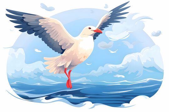 Bied flying over the sea flat vector illustrations. High quality