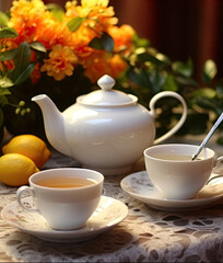 Fototapeta premium White tea set with cookies on a wooden table on a background of flowers