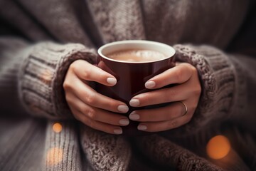 Close up of woman's hand holding hot chocolate, winter hot drink advertisement, warm winter hot chocolate