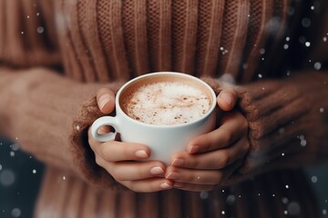 Close up of woman's hand holding hot chocolate, winter hot drink advertisement, warm winter hot chocolate