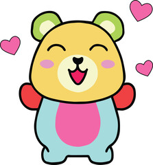 Happy smiling teddy bear surrounded by love hearts. Kawaii cartoon.