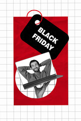 Billboard collage brochure invite new shopping mall black friday young man dreaming looking coupon price tag isolated on plaid background