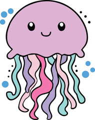 Happy smiling baby jellyfish surrounded by bubbles. Kawaii style.