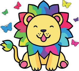 Happy smiling lion surrounded by butterflies. Kawaii cartoon.