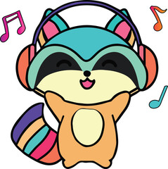 Happy smiling baby raccoon with headphones listening to music. Kawaii style.