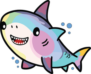 Happy smiling baby shark surrounded by bubbles. Kawaii style.