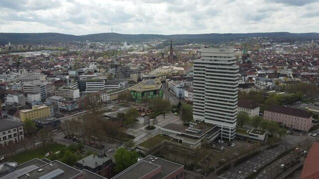 Aerial townscape of Kaiserslautern city center with empty streets on Sunday morning, Germany